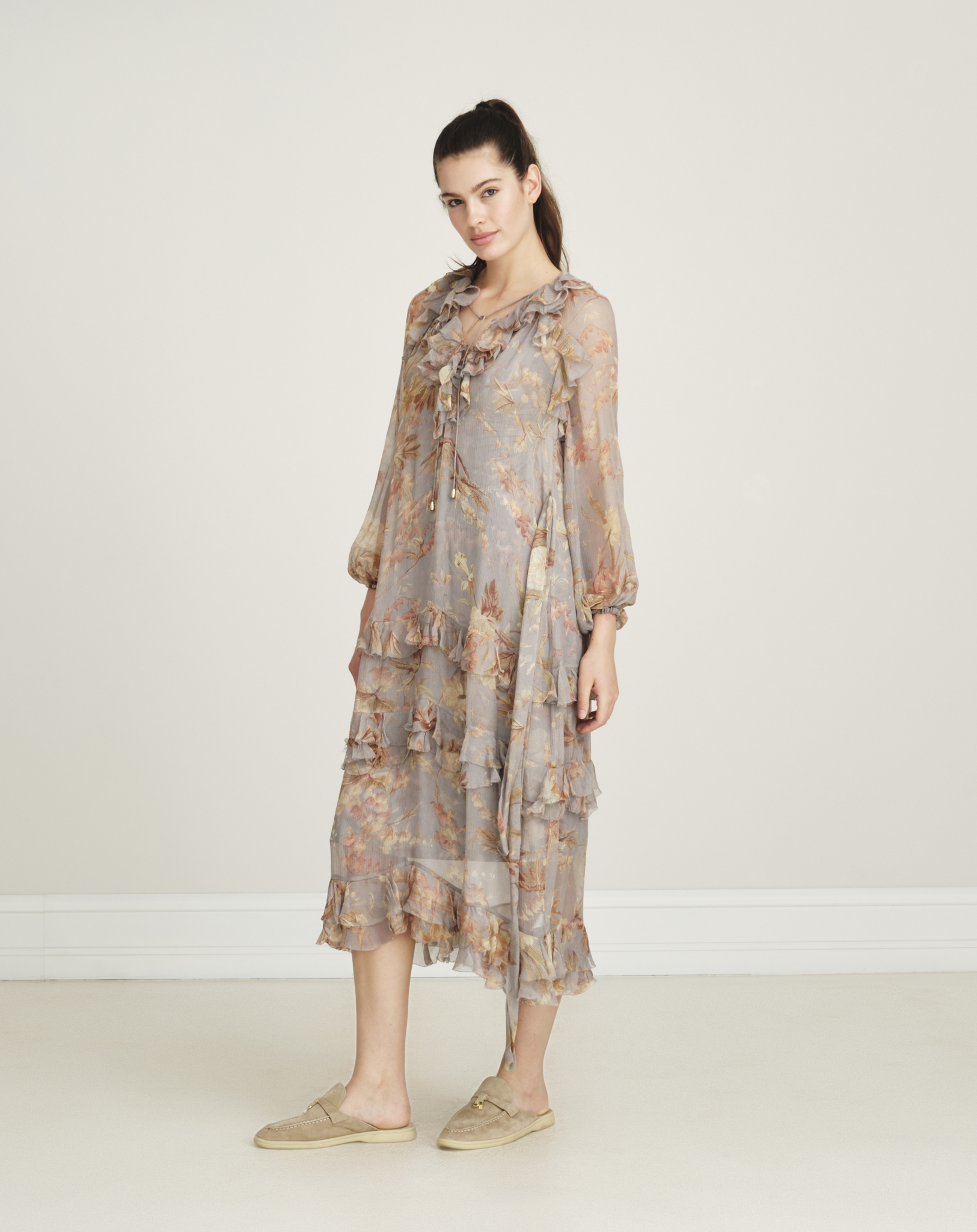 Zimmermann - Floral Printed Silk Blended Long Dress SIZE0